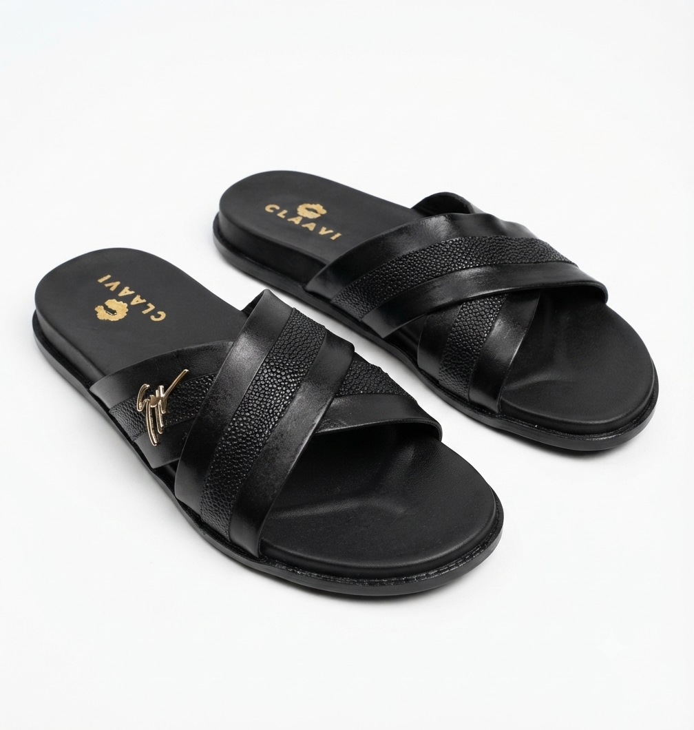 Men's Premium Black Dual-Texture Cross-Strap Slide Sandals with Gold Signature Hardware