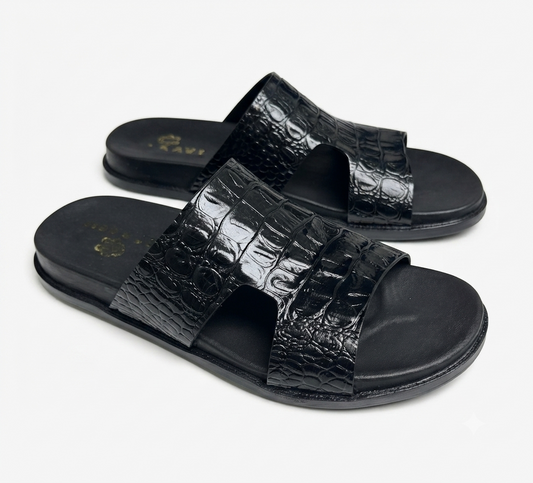 Men's Premium Black Croco-Embossed Leather Single-Strap Slide Chapal