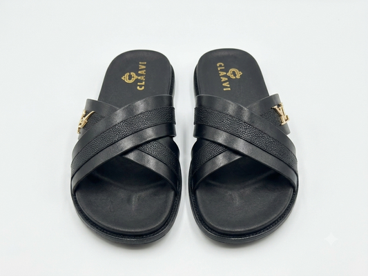 Men's Premium Black Dual-Texture Cross-Strap Slide Sandals with Gold Signature Hardware