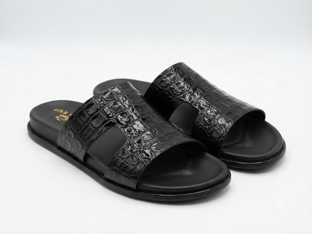 Men's Premium Black Croco-Embossed Leather Single-Strap Slide Chapal