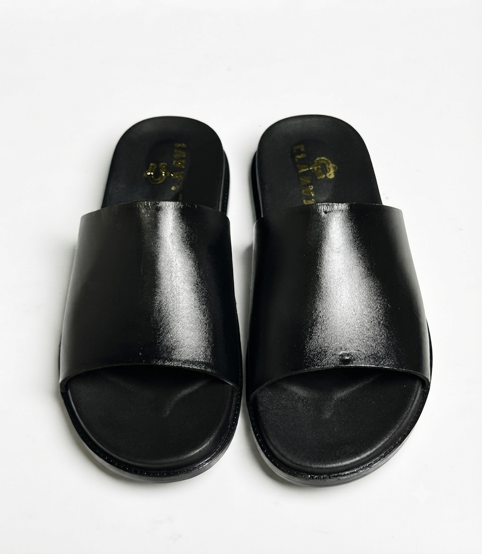 Men's Classic Black Smooth Leather Single-Strap Slide Chapal — Claavi Luxury Collection