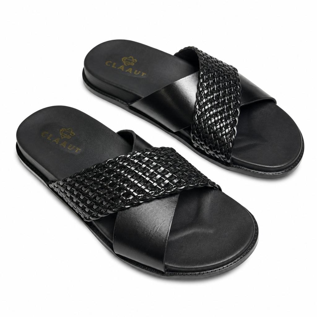Men's Premium Black Woven Leather Cross-Strap Slide Chapal — Claavi Luxury Collection