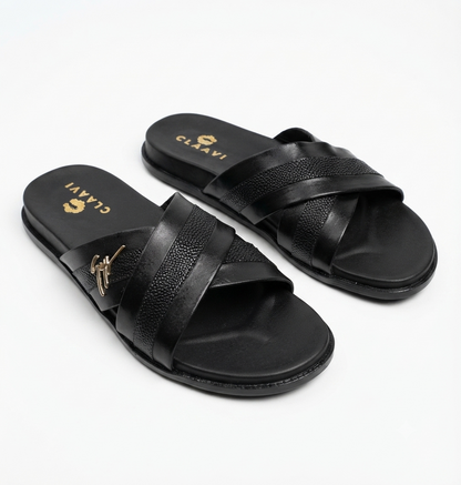 Men's Premium Black Dual-Texture Cross-Strap Slide Sandals with Gold Signature Hardware