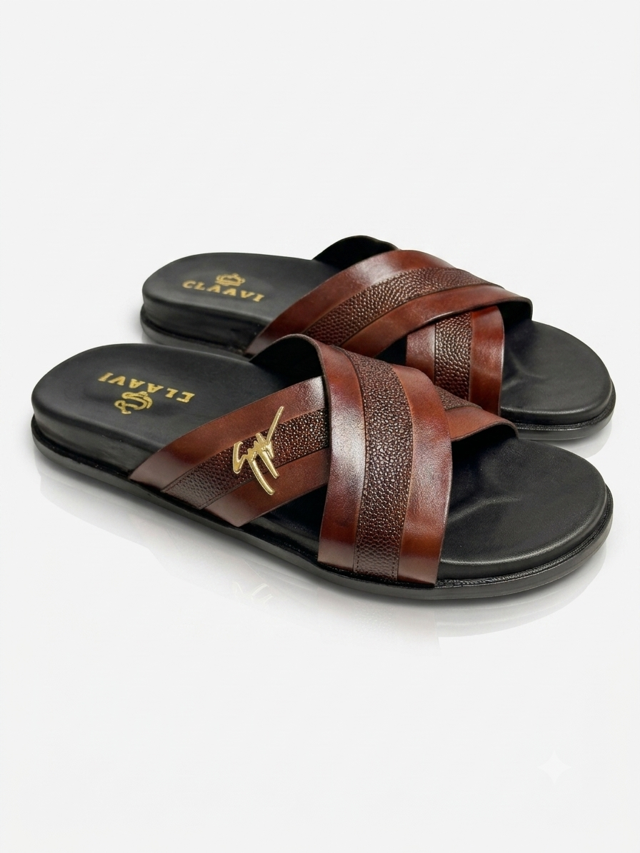 Men's Luxury Cross-Strap Leather Slide Chapal with Pebble-Grain Texture & Gold Hardware