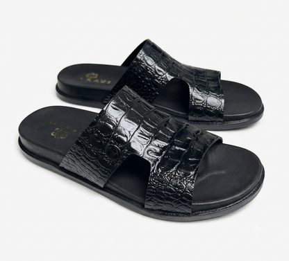 Men's Premium Black Croco-Embossed Leather Single-Strap Slide Chapal