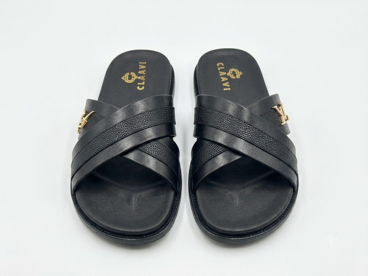 Men's Premium Black Dual-Texture Cross-Strap Slide Sandals with Gold Signature Hardware