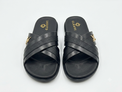 Men's Premium Black Dual-Texture Cross-Strap Slide Sandals with Gold Signature Hardware
