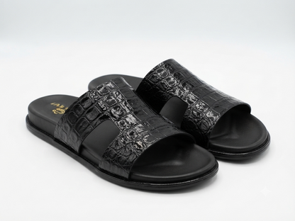 Men's Premium Black Croco-Embossed Leather Single-Strap Slide Chapal