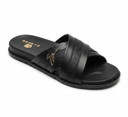 Men's Premium Black Dual-Texture Cross-Strap Slide Sandals with Gold Signature Hardware