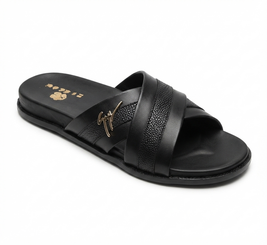 Men's Premium Black Dual-Texture Cross-Strap Slide Sandals with Gold Signature Hardware
