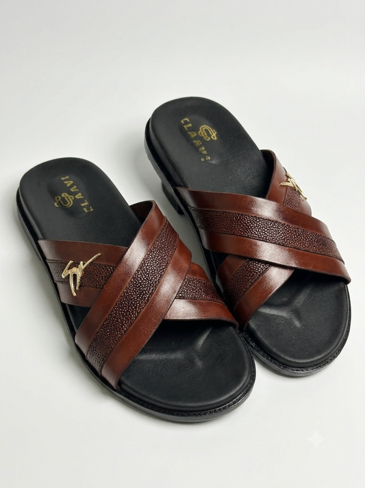 Men's Luxury Cross-Strap Leather Slide Chapal with Pebble-Grain Texture & Gold Hardware