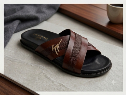 Men's Luxury Cross-Strap Leather Slide Chapal with Pebble-Grain Texture & Gold Hardware