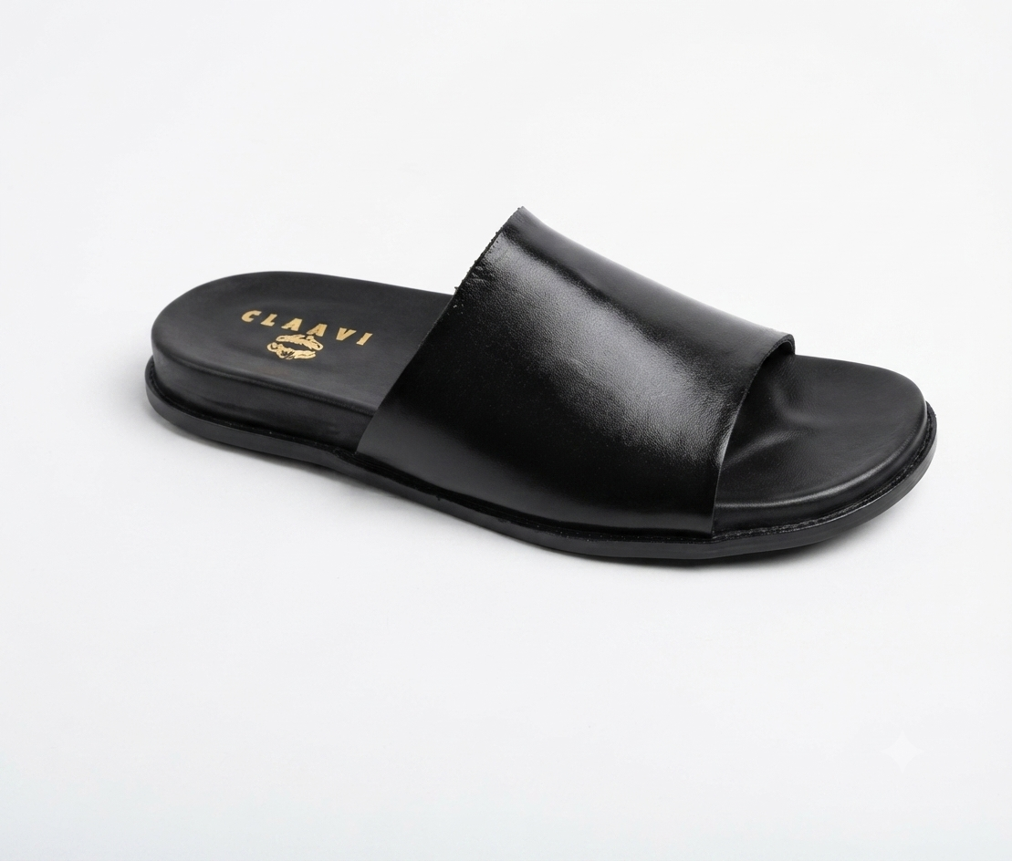 Men's Classic Black Smooth Leather Single-Strap Slide Chapal — Claavi Luxury Collection