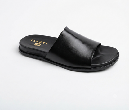 Men's Classic Black Smooth Leather Single-Strap Slide Chapal — Claavi Luxury Collection