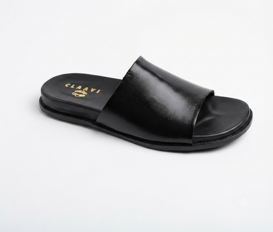 Men's Classic Black Smooth Leather Single-Strap Slide Chapal — Claavi Luxury Collection