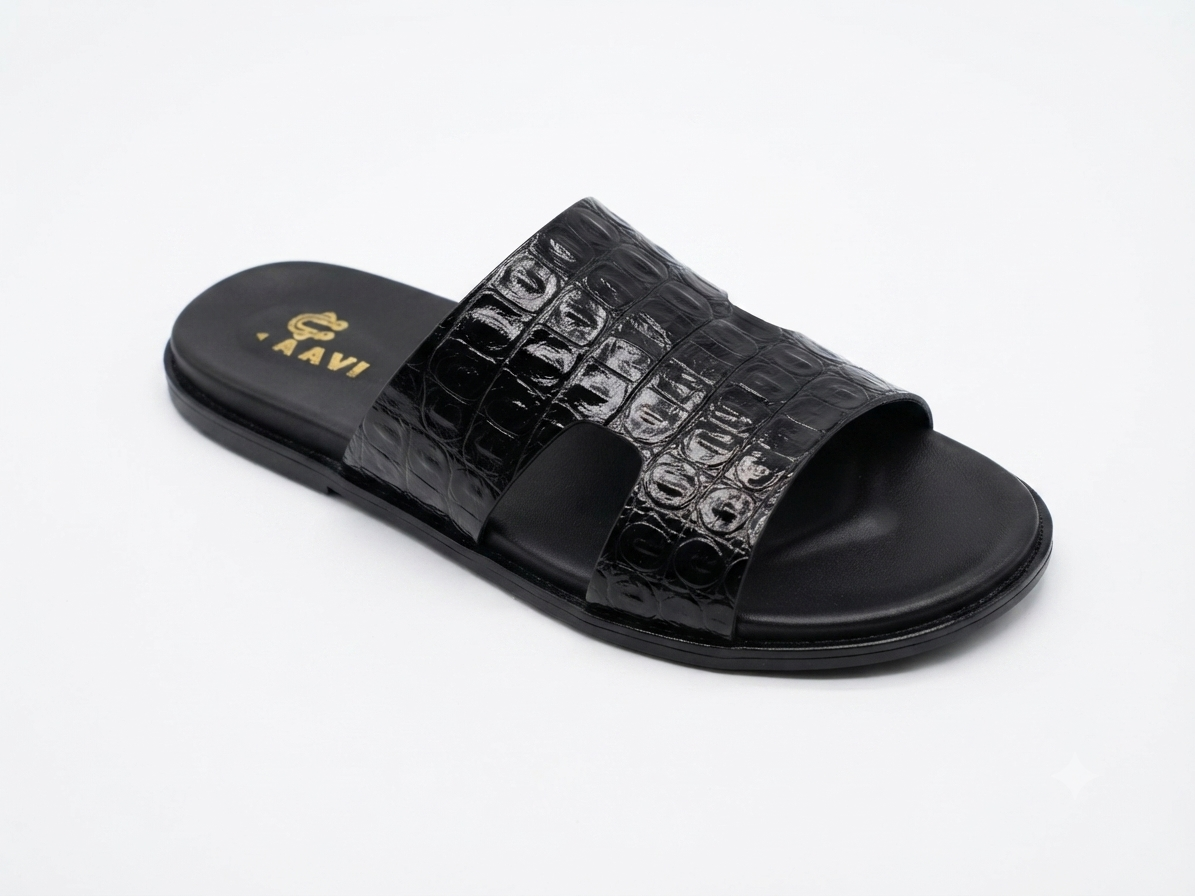 Men's Premium Black Croco-Embossed Leather Single-Strap Slide Chapal