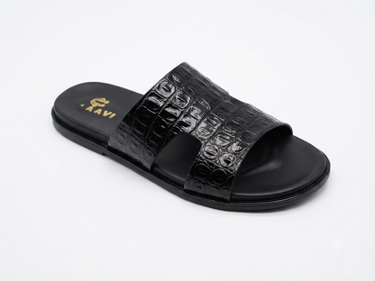 Men's Premium Black Croco-Embossed Leather Single-Strap Slide Chapal