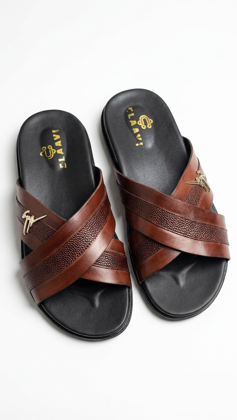Men's Luxury Cross-Strap Leather Slide Chapal with Pebble-Grain Texture & Gold Hardware