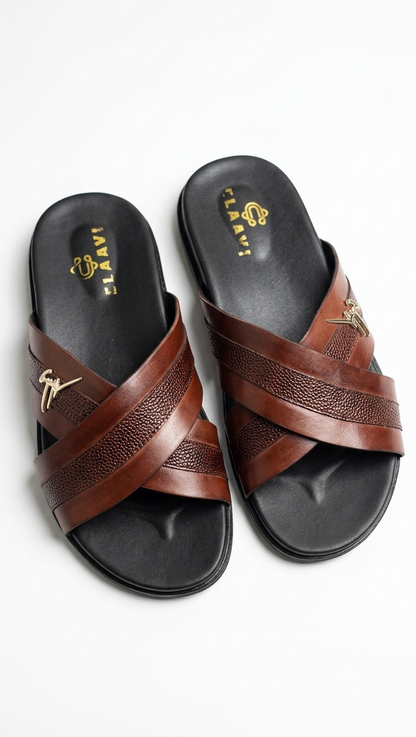 Men's Luxury Cross-Strap Leather Slide Chapal with Pebble-Grain Texture & Gold Hardware
