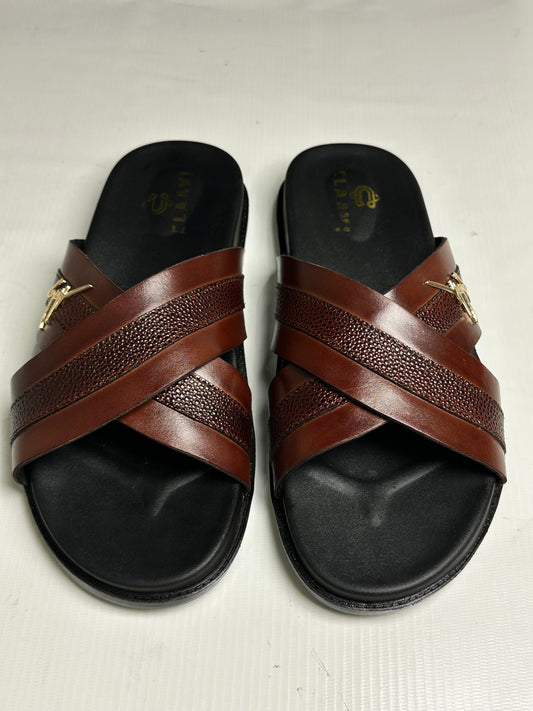 Men's Luxury Cross-Strap Leather Slide Chapal with Pebble-Grain Texture & Gold Hardware