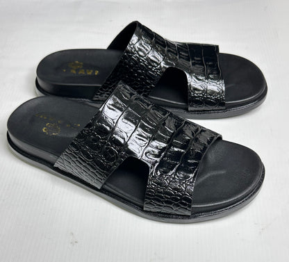 Men's Premium Black Croco-Embossed Leather Single-Strap Slide Chapal