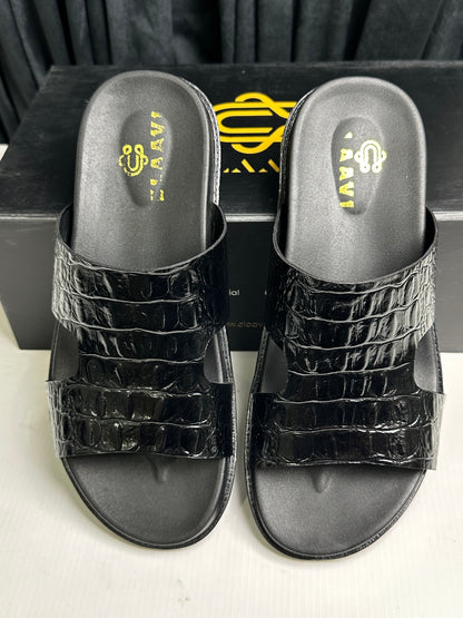 Men's Premium Black Croco-Embossed Leather Single-Strap Slide Chapal