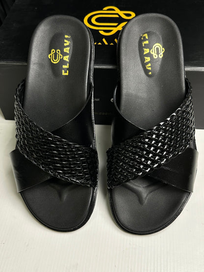 Men's Premium Black Woven Leather Cross-Strap Slide Chapal — Claavi Luxury Collection