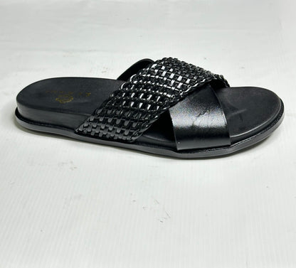 Men's Premium Black Woven Leather Cross-Strap Slide Chapal — Claavi Luxury Collection