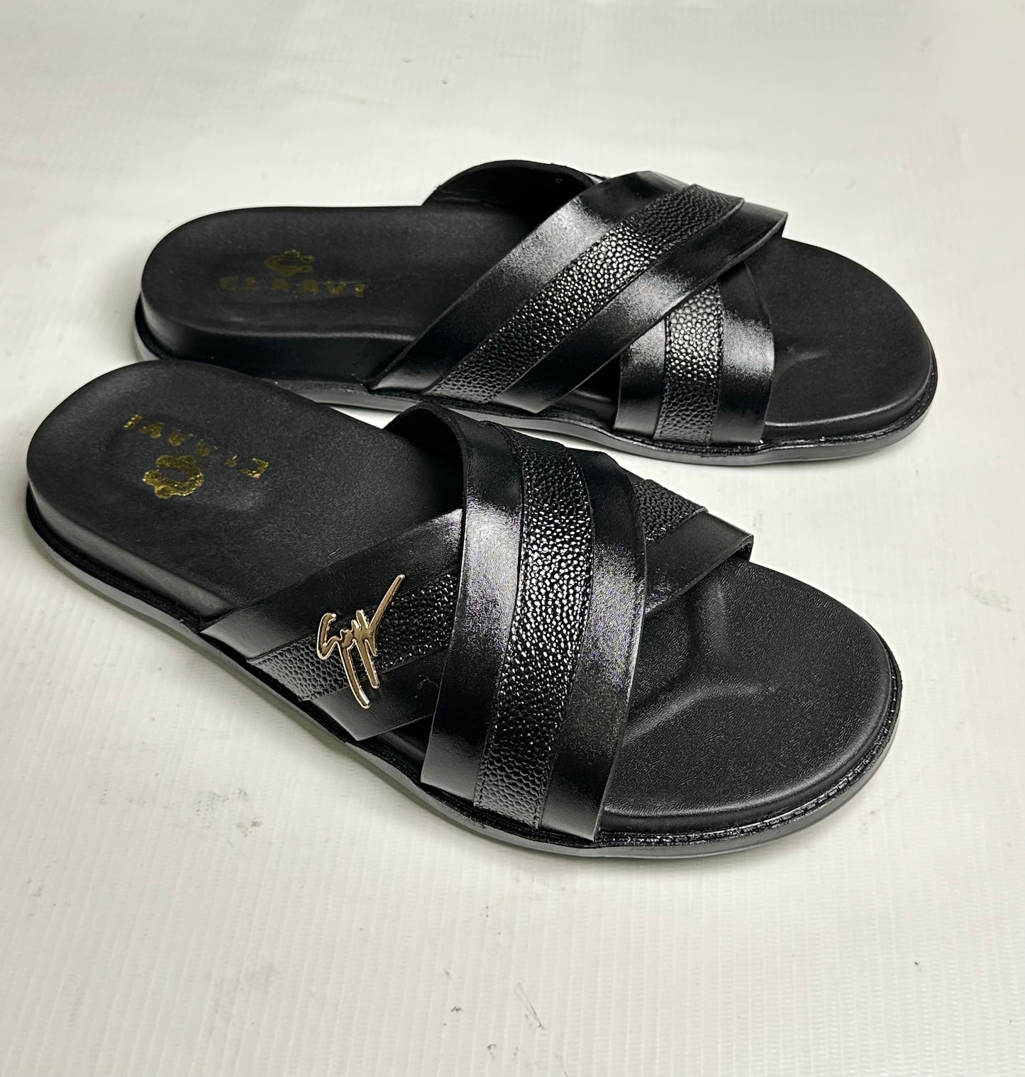 Men's Premium Black Dual-Texture Cross-Strap Slide Sandals with Gold Signature Hardware