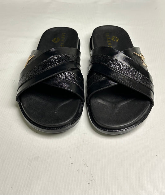 Men's Premium Black Dual-Texture Cross-Strap Slide Sandals with Gold Signature Hardware