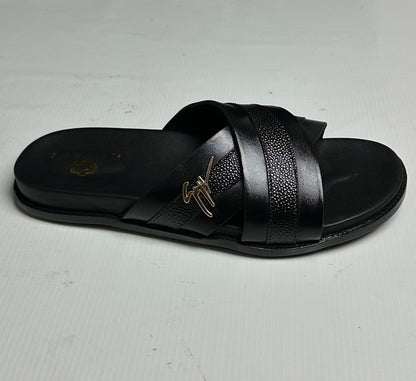 Men's Premium Black Dual-Texture Cross-Strap Slide Sandals with Gold Signature Hardware