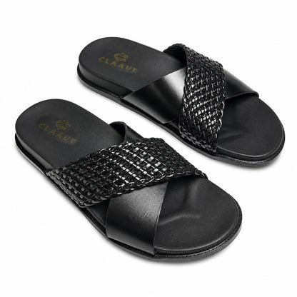 Men's Premium Black Woven Leather Cross-Strap Slide Chapal — Claavi Luxury Collection