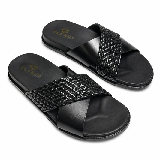Men's Premium Black Woven Leather Cross-Strap Slide Chapal — Claavi Luxury Collection