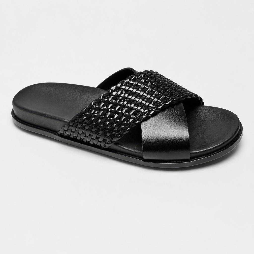 Men's Premium Black Woven Leather Cross-Strap Slide Chapal — Claavi Luxury Collection