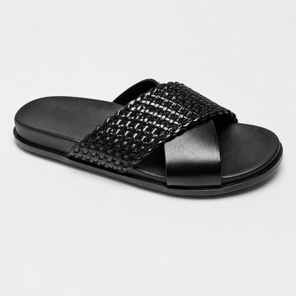 Men's Premium Black Woven Leather Cross-Strap Slide Chapal — Claavi Luxury Collection